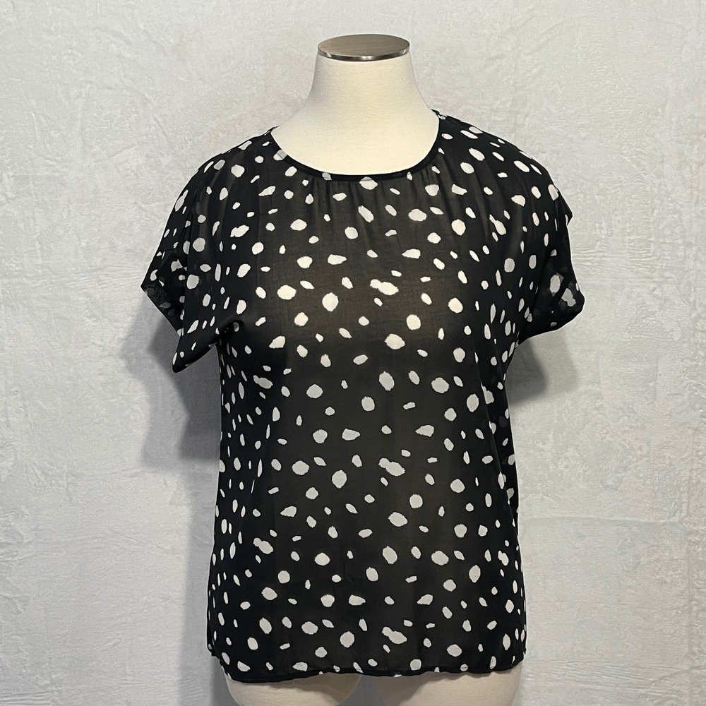 Umgee USA Black White Dalmation Spot Short Sleeve Sheer Blouse‎ Top Women's Sz L
